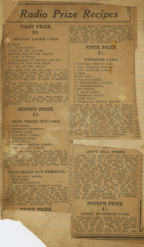 Radio Prize Recipes | Gram's Recipe Box Orange Layer Cake, Vintage Recipe Box, Sunshine Cake, Ayurvedic Healing, Tv Chefs, Sour Cream Cake, Lemon Filling, Vintage Dessert, School Food