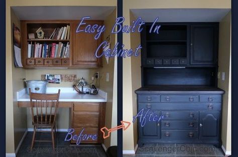 easy built in cabinet Built In Desk Repurpose, Desk Renovation, Farmhouse Pantry Cabinets, Kitchen Desk Areas, Dresser Makeovers, Repurposed Kitchen, Laminate Countertop, Kitchen Desks, Kitchen Desk