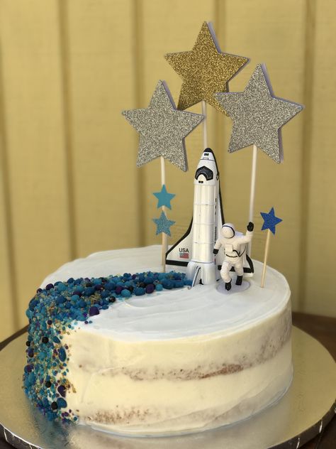 Double layer vanilla cake w/ homemade buttercream #mamalunacakes 3 2 1 Blast Off Birthday Cake, Simple Space Theme Cake, Rocket Cake, Homemade Buttercream, Mein Kind, Happy Birthday Son, White Frosting, Baking Tutorial, Fourth Birthday