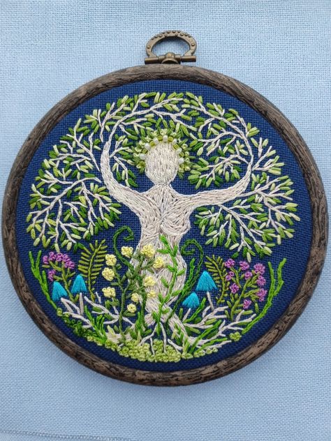 Beaded,detailed handstitched tree nymph embroidery. woodland/pagan art/tree/wildflowers/mushroom/embroidery art/decor/magical/ www.Etsy.com/shop/frenchknotcreation Pagan Embroidery, Embroidery Woodland, Spiritual Tree, Tree Nymph, Nature Embroidery, Mushroom Embroidery, Pagan Art, Visible Mending, Art Tree