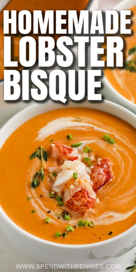 Lobster bisque is an elegant hot or cold appetizer that can be made in minutes at home! Easy to make and elegant to serve, lobster bisque has buttery chunks of lobster meat simmered in a creamy, savory tomato-based bisque. #spendwithpennies #lobsterbisque #maindish #appetizer #specialoccasionrecipes #lobsterrecipes #easybisquerecipes #easyseafoodrecipes #lowcarbsoups #seafoodstew Homemade Lobster Bisque, Lobster Bisque Recipe Best, Easy Lobster Bisque, Creamy Lobster Bisque, Lobster Soup, Cold Appetizer, Lobster Bisque Recipe, Bisque Soup Recipes, Lobster Bisque Soup