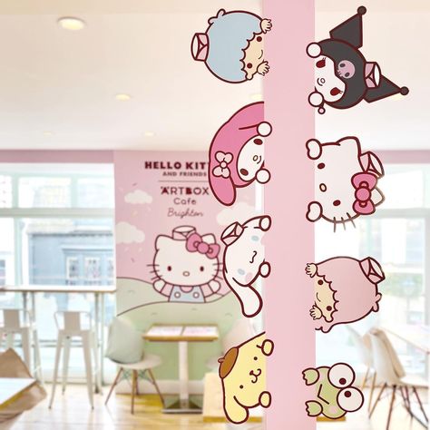 Cute Hello Kitty Cafe Ideas, Sanrio Wall Decor, Hello Kitty Cafe Exterior, Hello Kitty Stickers For Wall, Cafe Hello Kitty, Hello Kitty Birthday Theme, Themed Cafes, Hello Kit, Hello Kitty Party