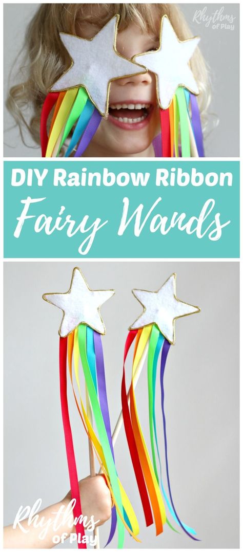 DIY Rainbow Ribbon Fairy Wands for Kids! Learn how to make this no-sew felt craft idea with rainbow streamers perfect for children of all ages. Use them as a dress up prop for pretend or imaginative play. Magic star fairy princess wands are a perfect birthday party favor. Click through for the easy to follow tutorial. Rainbow Streamers, 4de Verjaardag, Star Fairy, Princess Wands, Diy Wand, Rainbow Ribbon, Perfect Birthday Party, Diy Rainbow, Homemade Toys