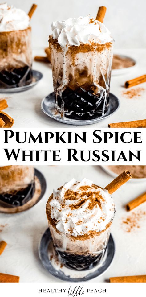 This Pumpkin Spice White Russian is the perfect a creamy Fall edition of the classic coffee cocktail. This drink is Kahlua coffee liqueur, vodka, pumpkin spice creamer, whipped cream and pumpkin pie spice. Pumpkin White Russian, Pumpkin Spice White Russian, Pumpkin Coffee Creamer, Kahlua Drinks, Clean Cocktails, Kahlua Coffee, Pumpkin Spice Cream, Pumpkin Spice Creamer, Kahlua Coffee Liqueur