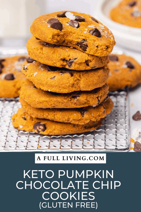 These Keto Pumpkin Chocolate Chip Cookies are one of our favorite healthy and sugar free treats of the fall! These soft and chewy cookies are so easy to make and are packed full of chocolate chips with lots of pumpkin and spice! All of the flavor, without the sugar. Keto Pumpkin Chocolate Chip Cookies, Keto Pumpkin Cookies, Desserts Pumpkin, Keto Treats, Pumpkin Cookie Recipe, Desert Ideas, Low Card, Pumpkin Desserts, Keto Pumpkin