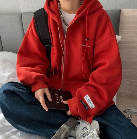 Outfit Ideas Korean Winter, Red Hoodie Outfit Men, Red Hoodie Outfit, Aesthetic Clothes Men, Korean Outfit Ideas, Outfit Ideas Korean, Korean Winter, Hoodie Aesthetic, Yellow Outfit