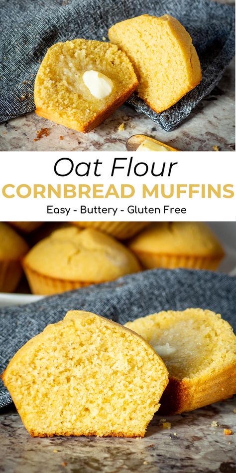 Dive into gluten-free goodness with oat flour cornbread muffins—a contemporary take on the traditional favorite. Perfect alongside chilis, soups, stews, salads, and beyond, these muffins pleased testers who couldn't spot the absence of wheat flour. Uncover a quick bread variation in the post. Oat Flour Banana Recipes, Oat Flour Cornbread, Healthy Cornmeal Recipes, Gluten Free Oat Flour Recipes, Healthy Cornbread Muffins, Wheat Free Bread Recipes, Oat Flour Bread, Vegan Cornbread Muffins, Corn Bread Muffins