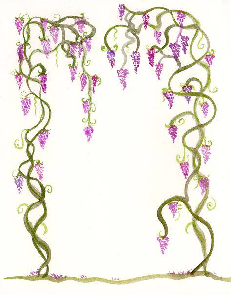 southern wisteria Wisteria Drawing Reference, Wisteria Doodle, Wisteria Drawing Anime, Wisteria Illustration, Painted Wisteria Flowers, Wisteria Botanical Illustration, Frame Border Design, Border Pattern, French Decor