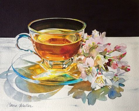 Tea Cup Drawing, Manga Watercolor, Watercolor Mixing, Painted Cups, Tea Art, Plein Air Paintings, Daily Paintworks, Love Painting, Glass Cup