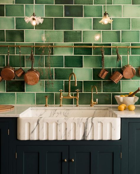 Classic English Kitchen, Cabinet Trends, Kitchen Cabinet Trends, Tuscan Farmhouse, Green Tiles, Kitchen New York, Devol Kitchens, Green Kitchen Cabinets, Kitchen Showroom