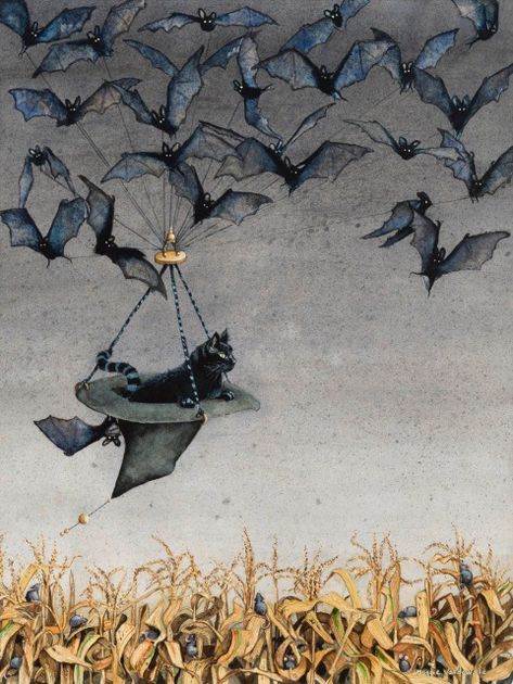 Animals in Art through History | Vandewalle, Maggie (USA 1962-) - Straight on till morning (Batmobil) n.d.l. | Facebook Straight On Till Morning, Maggie Vandewalle, Cat Halloween, Halloween Photos, Black Cat Halloween, Watercolor Artist, Community Art, Beautiful Artwork, Amazing Art