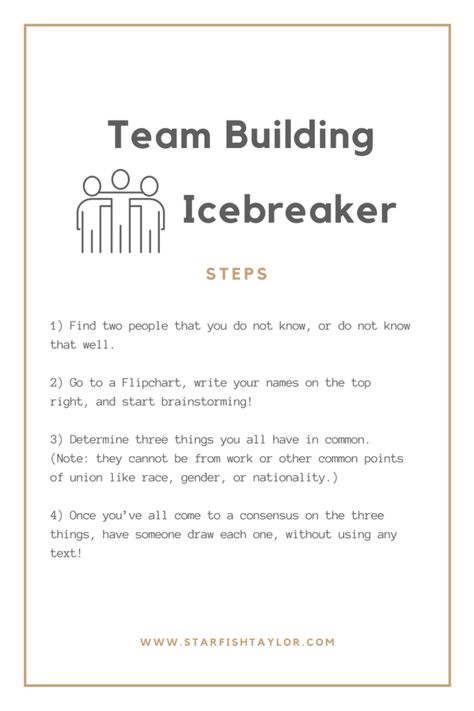 Team Building Icebreaker: Finding Three Things in Common - Starfish Taylor Teacher Ice Breakers Team Building, Teacher Ice Breakers, Team Building Icebreakers, High School Reading List, Inclusion Activities, Team Building Challenges, Team Bonding Activities, Trust Exercises, Back To School Event