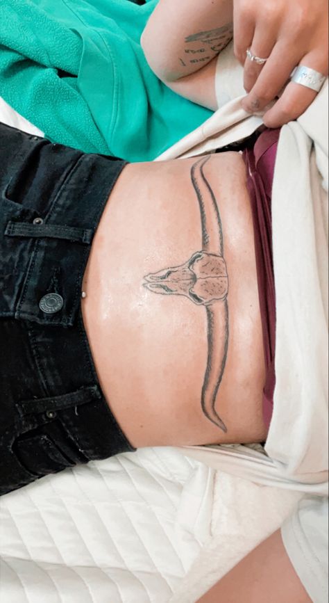 Western Tattoos On Ribs, Longhorn Tattoo Under Breast, Western Underboob Tattoo, Western Thigh Tattoos Women, Long Horn Tattoo For Women, Country Tats, Upper Stomach Tattoos, Longhorn Skull Tattoo, Western Tats