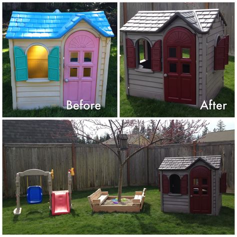 Little Tikes Playhouse Makeover | We got this playhouse for free from a family member and I decided to re-paint it to match our house. 14 cans later it looks great!! Painted Playhouse, Little Tikes Makeover, Toy Makeover, Playhouse Makeover, Trim Contrast, Indoor Playhouse, Build A Playhouse, Yellow House, Have Inspiration