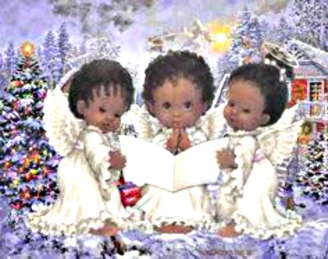 vintage retro Christmas, three angels singing, African-American, black, Artist: Ruth Evans Morehead Maria Elena Walsh, Xmas Gif, Ruth Morehead, Maria Elena, Black Angels, Christmas Post, Angel Pictures, Christmas Angel, Black Christmas