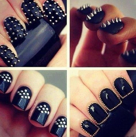 Black Gold Nails, Black And White Nail Art, Rocker Girl, Cute Nail Art Designs, Studded Nails, Cute Nail Art, Nailed It, Fabulous Nails, Cute Nail Designs