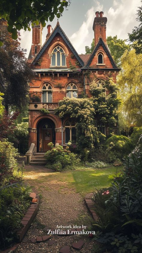 Victorian house. Classic red brick. My fantasy art created with AI. Mi... | TikTok Brick Italianate House Exterior, Victorian Forest House, 90s Victorian House, Brick Victorian Exterior, Spiderwick Chronicles House, Updated Victorian Homes Exterior, Classic Victorian House, Victorian House Backyard, Victorian Terrace Lounge