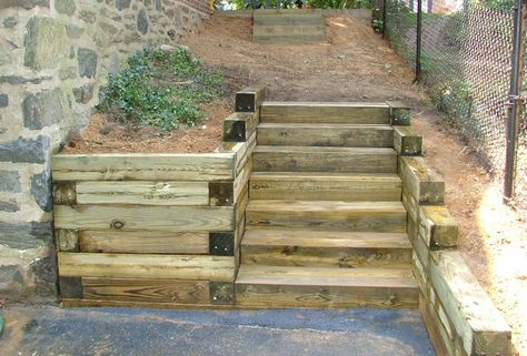 Railroad Tie Steps & Retaining wall Railroad Tie Retaining Wall, Rotten Wood, Railroad Tie, Landscape Stairs, Types Of Bricks, Landscape Timbers, Garden Retaining Wall, Landscape Steps, Brick Steps