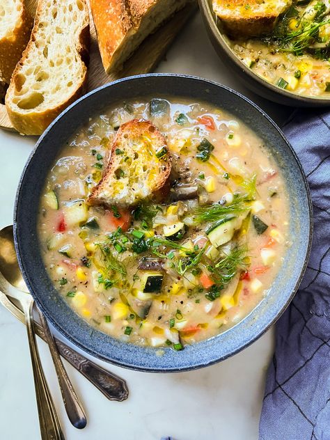 “Creamy” Early Fall Vegetable Chowder — FEED THE SWIMMERS Fall Vegetable Soup, Zucchini Butter, Summer Tomato Salad, Vegetable Chowder, Big Pots, Sophia Roe, Fall Veggies, Fish Chowder, Soups And Chowders