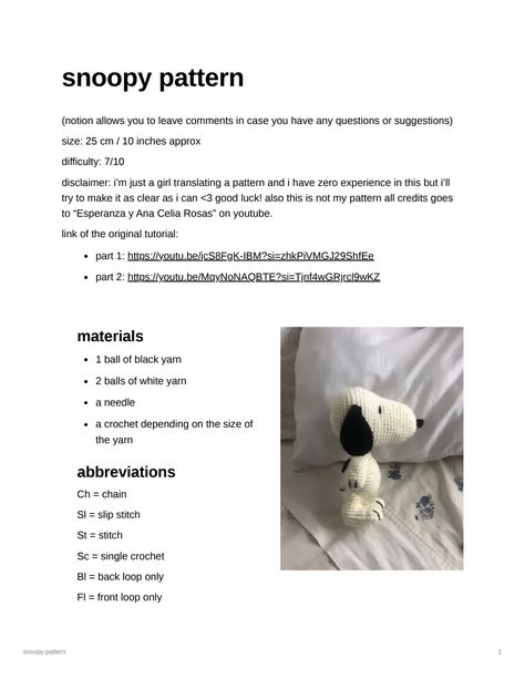 snoopyyyy Toy Videos, Tail And Ears, Snoopy Plush, Crochet Dog Patterns, Crochet Christmas Gifts, Crochet Bag Pattern Free, Crochet Design Pattern, Crochet Bookmarks, Christmas Crochet Patterns