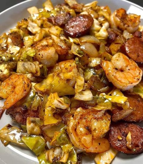 Sausage Fried Cabbage, Cajun Cabbage Recipes, Sausage Shrimp Cabbage, Fried Cabbage Shrimp And Sausage, Southern Fried Cabbage With Shrimp Sausage And Bacon, Shrimp And Sausage Cabbage, Cabbage Sausage And Shrimp Recipe, Cabbage And Fish Recipes, Fried Cabbage With Shrimp Sausage Bacon