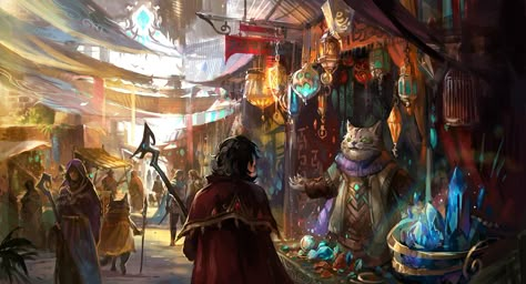 merchant street by sandara Medieval Music, Medieval Market, Bangunan Minecraft, Illustration Fantasy, Art City, Fantasy City, Fantasy Setting, Fantasy Places, Wow Art