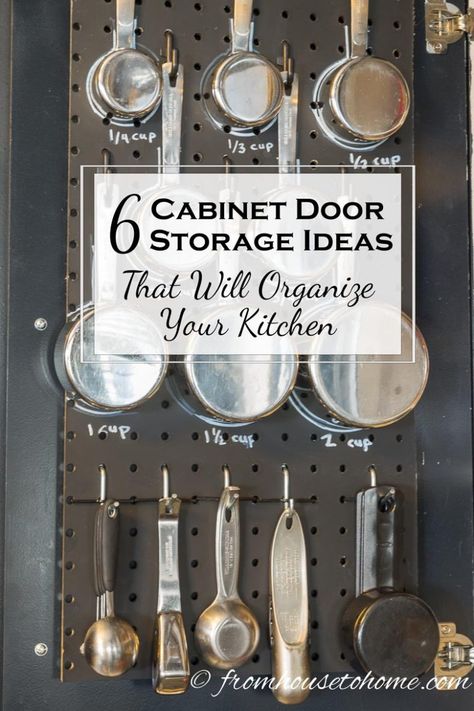 6 Cabinet Door Storage Ideas That Will Organize Your Kitchen | Need to organize your kitchen but don't have a lot of extra space? Try our cabinet door storage ideas to use the wasted space behind your doors. Bathroom Door Storage Ideas, Cabinet Door Storage Ideas, Bathroom Door Storage, Door Storage Ideas, Kitchen Remodel Diy, Cabinet Door Ideas, Inside Kitchen Cabinets, Cabinet Door Storage, Diy Cabinet Doors