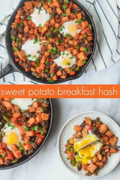 sweet potato breakfast hash is the perfect easy recipe for meal prepping and is a favorite recipe in our house for breakfast, brunch and dinner! Sweet Potato Breakfast Hash, Sausage Hash, Potato Breakfast, Sweet Potato Kale, Sweet Potato Skins, Hash Recipe, Sweet Potato Spinach, Whole 30 Breakfast, Breakfast Hash