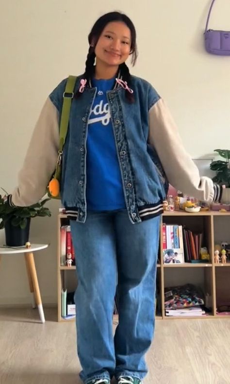 @ganglha on tiktok Jean Letterman Jacket, 80s Letterman Jacket Outfit, Will Byers Letterman Jacket, 80s Letterman Jacket, 70s Letterman Jacket, Leather Denim, 2024 Fashion, Denim Coat, School Outfit