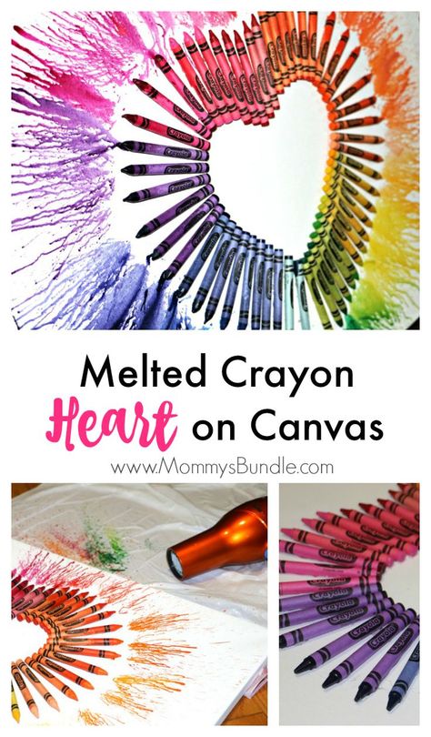 Melt crayons with a blowdryer to create a beautiful art piece or decor for Valentine's Day! Heart On Canvas, Melt Crayons, Melted Crayon Canvas, Melted Crayon Heart, Melted Crayon Crafts, Diy Crayons, Crayon Crafts, Crayon Heart, Sharpie Crafts