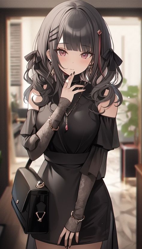 Modern Anime Woman, Korean Style Illustration, Anime Woman In Black Dress, Mafia Anime Girlboss, Anime Rich Lady, Rich Anime Woman, Mafia Women Anime, Female Mafia Boss Anime, Anime Mafia Female