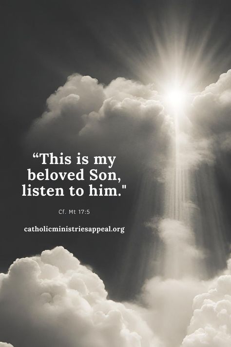 Today is the second Sunday of Lent. In Cf. Mt 17:5 we are reminded to listen to the teachings of our Lord, Jesus Christ. Let's embrace the words of Jesus as our guiding light during this Lenten season. https://www.catholicministriesappeal.org/ #Lent #ListenToHim #Renewal #Faith #CatholicFaith Second Sunday Of Lent, Lenten Season, Words Of Jesus, Guiding Light, Our Lord, Lord Jesus Christ, Catholic Faith, To Listen, Bible Quotes