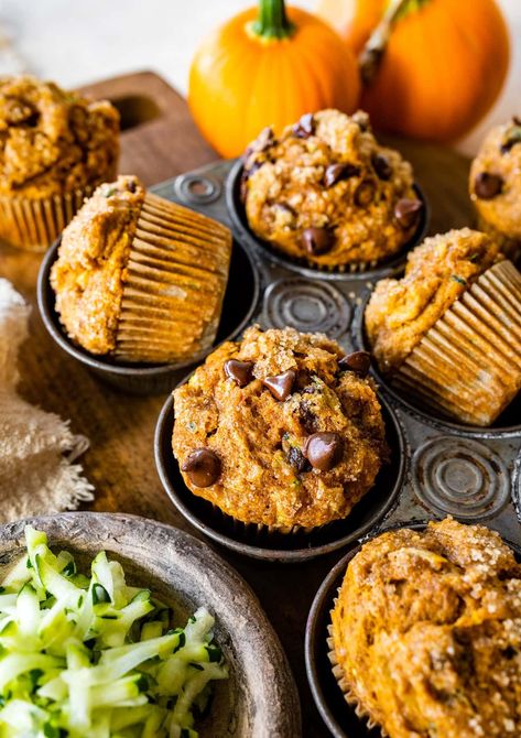 These Pumpkin Zucchini Muffins are moist, tender, slightly sweet, and filled with warm spices that bring out the best fall flavors. Zucchini Pumpkin Muffins Recipes, Chocolate Pumpkin Zucchini Muffins, Hearty Muffins Breakfast Recipes, Pumpkin Cardamom Muffins, Healthy Pumpkin Zucchini Muffins, Morning Muffins For Kids, What To Make With Pumpkin Butter, Peanut Butter Zucchini Muffins, Breakfast Pumpkin Muffins