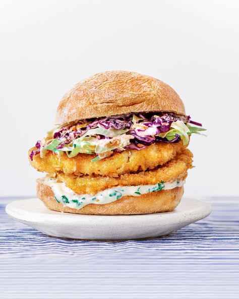 Clodagh McKenna’s crumbed fish burgers with cabbage slaw Cod Burgers, Fish Burger Recipe, Crumbed Fish, Sweet Potato Chilli, Fish Burgers, Clodagh Mckenna, Burger Mix, Recipes Fish, Fish Burger