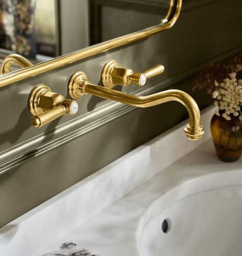 Bathroom Faucets, Sink Faucets | Rejuvenation Wall Mount Brass Bathroom Faucet, Brass Bathroom Accents, Wall Mounted Bathroom Sink Faucet, Antique Bathroom Hardware, Bathroom Faucets Wall Mount, Wall Mounted Faucet Bathroom, Bathroom Faucet Ideas, Brass Faucet Bathroom, Edwardian Architecture