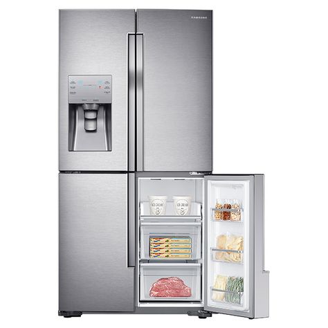 The new Samsung flex 4 refrigerator has a versatile, bottom-right door can be a fridge or freezer, maximizing fresh food storage space. The most fresh food storage available in its class at 18.05 cu. ft. when the Cool Select Plus is used as a refrigerator*. Four customizable temperature settings: Fridge at 41°F, chilled at 30°F, Soft Freeze at 23°F, and Frozen at -9°F to 1°F Samsung 23, Double Door Fridge, Counter Depth French Door Refrigerator, Vegetable Drawer, Silver Kitchen, Samsung Appliances, Large Refrigerator, American Style Fridge Freezer, American Fridge