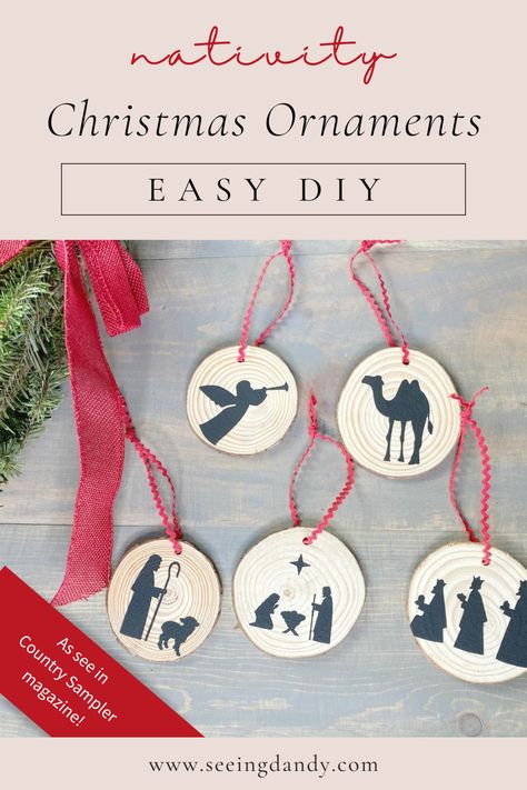 These DIY silhouette nativity ornaments are perfect for the Christmas tree. So easy to make with this method for painting on wood slices! Shepherd Ornament Diy, Wood Slice Nativity Ornament Diy, Christian Wood Slice Ornaments, Wood Christmas Ornaments Cricut, Manger Ornaments For Kids To Make, 3 Kings Ornaments Diy, Christ Ornaments Diy, Religious Ornaments Diy, Jesus Ornaments Diy