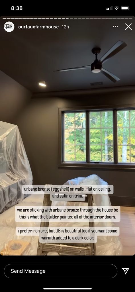 Urbane Bronze Color Drenching, Urbane Bronze And Tricorn Black, Urbane Bronze Bedroom Walls, Urban Bronze Basement, Iron Ore Office Wall, Urban Bronze Sherwin Williams Bedroom, Peppercorn Walls, Iron Ore Office, Iron Ore Walls