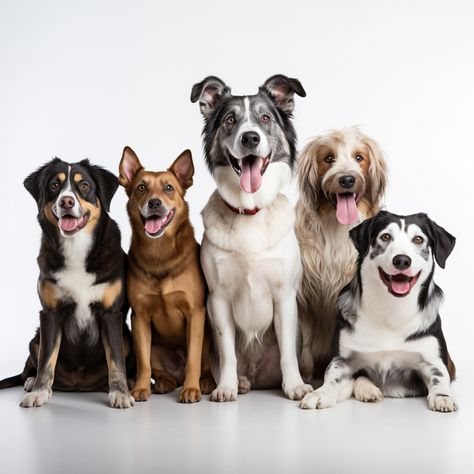 AI art, digital art of a group of dogs of different size, colours and breeds sitting together facing forward. Dog 7 Photo, Dog Group Photo, Group Of Dogs Aesthetic, Dogs Together, 3 Dogs Together, Animal Photoshoot, Puppy Portraits, Multiple Dogs, Dog Salon