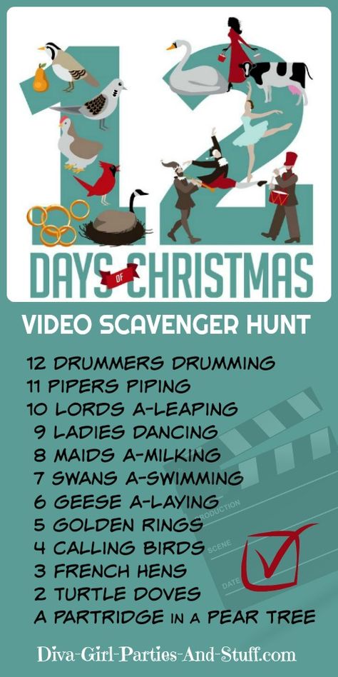 12 Days of Christmas Video Scavenger Hunt Video Scavenger Hunt, Scavenger Hunt List, 21st Birthday Checklist, Treasure Hunt Clues, Christmas Scavenger Hunt, Scavenger Hunt Clues, Christmas Video, The 12 Days Of Christmas, Holiday Party Games