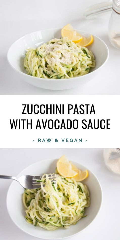 Raw & Vegan Zucchini Pasta with Avocado Sauce and topped with Cashew Parmesan is the perfect healthy dish! It's also gluten-free! | ElephantasticVegan.com #zucchini #pasta #raw #vegan #zoodles Pasta With Avocado Sauce, Vegan Zucchini Pasta, Vegan Zoodles, Pasta With Avocado, Cashew Parmesan, Avocado Sauce Recipe, Avocado Sauce Pasta, Raw Vegan Dinners, Zucchini Pasta Recipes