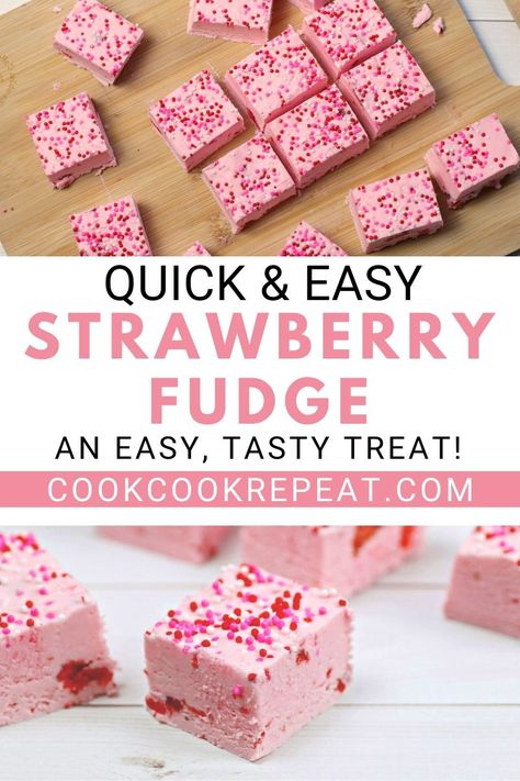 Valentine Fudge Recipes, Peach Fudge Recipe, Candy Making Recipes At Home, Easy Quick Treats, Pink Fudge Recipe, Pink Fudge, Strawberry Fudge Recipe, Easy Fudge Recipe, Strawberry Fudge