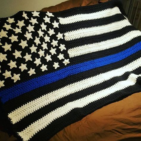 American Flag Blanket, Police Flag, Blue Line Police, Blue Line Flag, Bernat Blanket Yarn, Blanket Yarn, Crochet Throw, Blue Line, Crochet Blanket Patterns