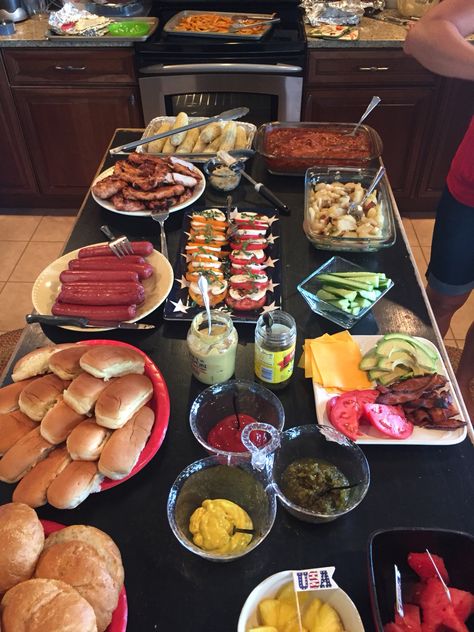 Happy Fourth of July! Burger Set Up For Party, 4th Of July Party Food Bbq, Fourth Of July Food Bbq, 4th Of July Food Bbq Party Ideas, Blue Pasta Salad, Blue Beverages, Watermelon Salad With Feta Cheese, Red White And Blue Decorations, November Pictures