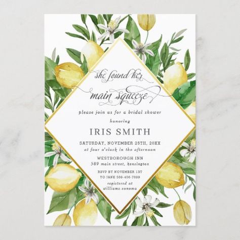 Lemon Main Squeeze Bridal Shower Invitation | Zazzle.com Kitchen Tea Invite, Kitchen Tea Invitations, Yellow Baby Shower Invitations, Lemon Garden, Tropical Bridal Shower Invitations, Grad Party Invitations, 3d Templates, Housewarming Party Invitations, Garden Baby Showers