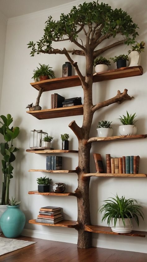 Transform your bedroom into a grunge paradise with DIY Tree Branch Shelves Learn how to create stunning corner wall brackets for floating tutorials Incorporate plant wall shelves for a unique touch Explore the magic of tree branch shelving Diy Tree Bookshelf, Plant Wall Shelves, Wall Shelving Ideas, Branch Shelves, Diy Tree Branch, Tree Branch Decor, Tree Bookshelf, Shelves Ideas, Farmhouse Console Table