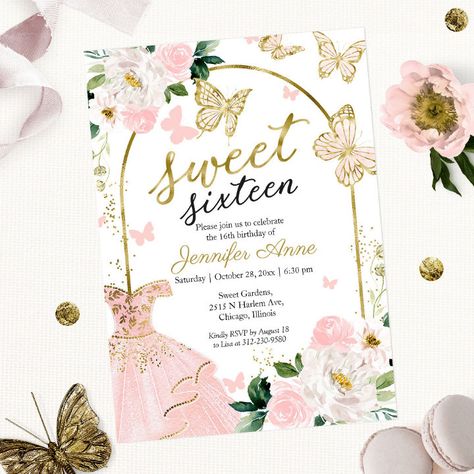 Sweet 16 Invitations Pink, Elegant Sweet 16, Butterfly Invitation, Elegant Birthday Invitations, Butterfly Invitations, Floral Birthday Invitations, Dress Butterfly, 16th Birthday Invitations, Sweet Sixteen Invitations