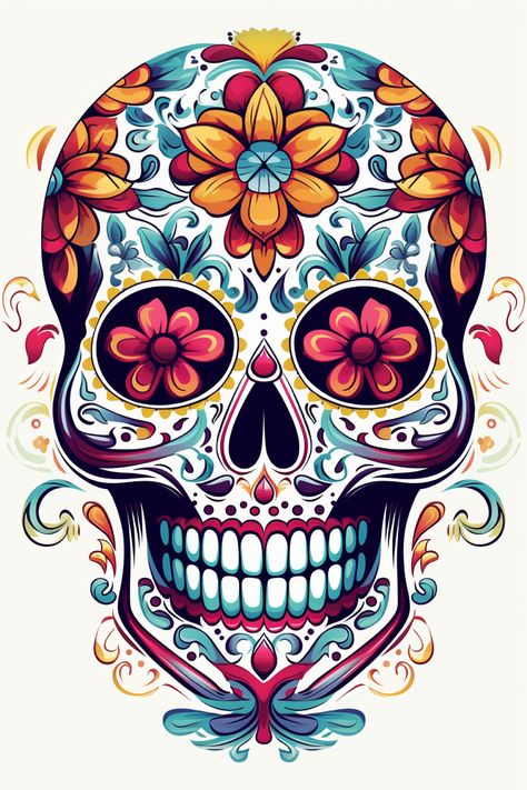 Mexican Sugar Skull Art Beautiful, Mexican Skull Art, Sugar Skull Art Drawing, Mexican Skull Tattoos, Skull Artwork Illustrations, Sugar Skull Drawing, Sugar Skull Painting, Sugar Skull Artwork, Skull Hand Tattoo