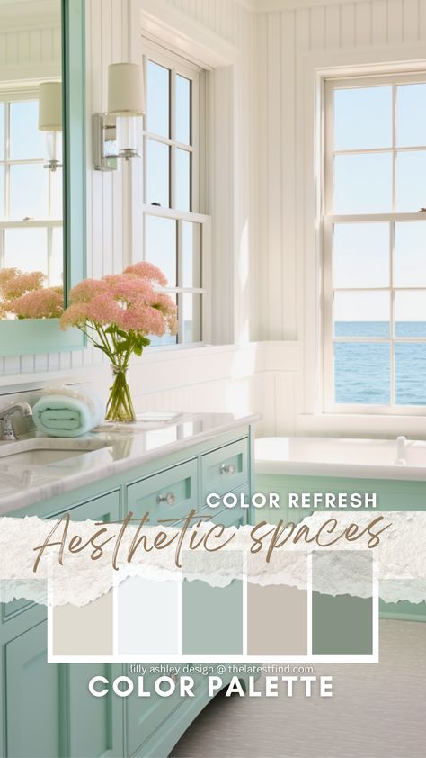 Creating a Coastal Bathroom: Light and Bright Color Scheme with Ocean Blues and Seafoam Greens White And Seafoam Kitchen, Guest Bath Color Scheme, Adding Color To White Bathroom, Sea Foam Bathroom Ideas, Sea Foam Bathroom, Light Teal Bathroom, Fun Bathroom Colors, Seafoam Bathroom, Sea Green Bathrooms