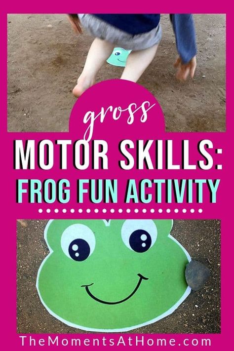 Are you looking for fun, developmentally beneficial play to share with your child? This fun frog activity helps with gross motor skills...and makes for lots of giggles. | #grossmotor #sensory #preschool Spring Physical Activities For Preschool, Jungle Gross Motor Activities, Tadpoles To Frogs Preschool, Frog Games For Preschoolers, Leap Frog Game, Frog Games For Kids, Frog Activities For Toddlers, Frog Activities For Preschool, Pond Preschool